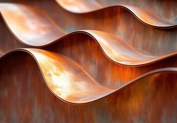 Poster - Abstract close-up image of wavy metallic surface showcasing unique textures and colors with rich hues of rust, orange, and brown, highlighting industrial elegance and artistry.