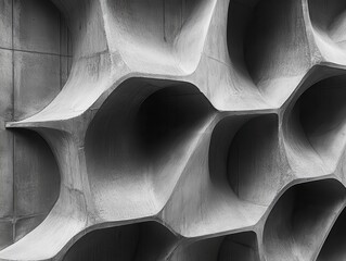 Poster - Abstract close-up of a textured concrete wall featuring a geometric pattern of interlocking curves in black and white, showcasing modern architectural design and minimalist aesthetics.