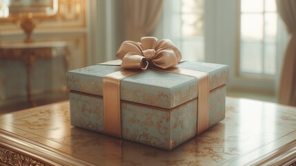 Elegant gift box with ribbon on table.