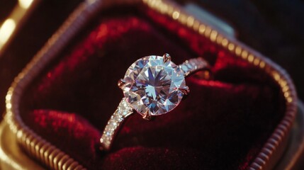 Poster - A close-up of a stunning diamond ring in a sleek velvet box, the brilliant-cut diamond sparkling under soft lighting, symbolizing elegance and luxury.