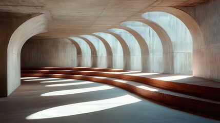 Poster - A striking architectural design showcasing curved concrete arches with cascading natural light casting dynamic shadows, an exploration of form and space.
