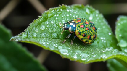 Poster - A close-up of a vibrant green leaf adorned with dew droplets, showcasing a colorful ladybug perched delicately, highlighting the beauty of nature's small creatures.