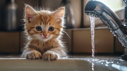 Poster - A cute, drenched kitten sitting in a sink with a gentle stream of water flowing, its tiny paws resting on the edge.