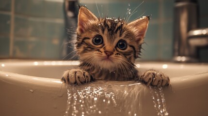Poster - A cute, drenched kitten sitting in a sink with a gentle stream of water flowing, its tiny paws resting on the edge.