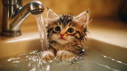 Poster - A cute, drenched kitten sitting in a sink with a gentle stream of water flowing, its tiny paws resting on the edge.