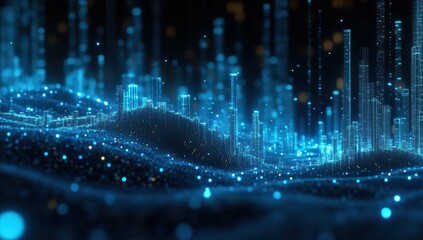 Poster - Abstract digital landscape with glowing blue particles, wave patterns, and luminous tall structures representing data flow or technology in a futuristic setting