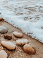 Poster - Close up view of smooth beach pebbles with gentle ocean waves washing over the sandy shoreline during a sunny day. Generative AI