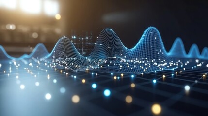 Poster - Abstract Digital Landscape of Glowing Points and Interconnected Peaks