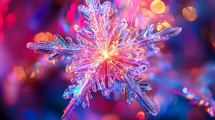 Wall Mural - Isolated on a vibrant background snowflake ornament lights features gentle fiber optic light