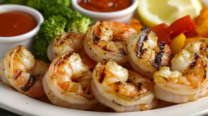 Poster - A detailed shot of a plate of grilled shrimp, showcasing the smoky grill marks and succulent meat, served with dipping sauces and side vegetables.