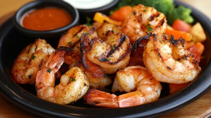 Poster - A detailed shot of a plate of grilled shrimp, showcasing the smoky grill marks and succulent meat, served with dipping sauces and side vegetables.