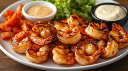 Poster - A detailed shot of a plate of grilled shrimp, showcasing the smoky grill marks and succulent meat, served with dipping sauces and side vegetables.
