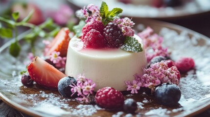 Poster - A detailed shot of floating desserts like mousse or panna cotta on a decorative plate, with delicate fruit and edible flowers enhancing the presentation.