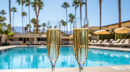 Wall Mural - A champagne toast by the poolside with a backdrop of palm trees and clear skies