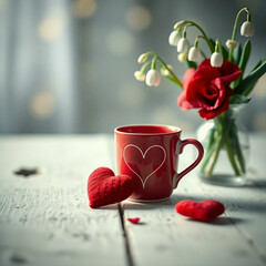 Wall Mural - love themed cup of coffee and flowers on wooden background