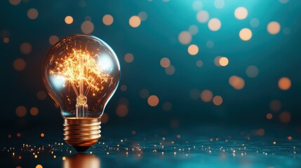 Poster - A glowing light bulb with delicate filament design surrounded by warm bokeh lights. The ambiance suggests creativity, innovation, and a futuristic atmosphere.