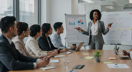 Diverse business team in modern meeting room with female leader presenting financial data and analytics on whiteboard