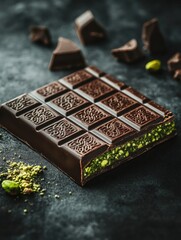 Poster - Delightful chocolate with pistachio filling presented on a golden plate surrounded by intricate Arabic patterns. Generative AI