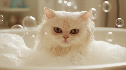 Poster - A fluffy white cat covered in soap bubbles during bath time, its fur slicked back, looking both adorable and funny.