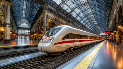 Poster - A high-speed train pulling into a modern train station, surrounded by architectural marvels, representing the integration of transportation and urban design.