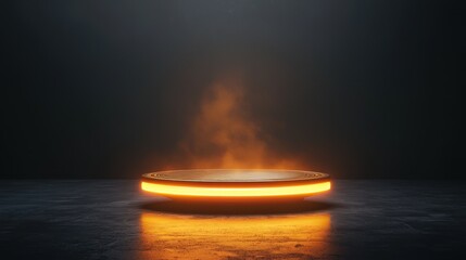 Poster - A glowing circular platform emits steam in a dark, atmospheric space, creating a mysterious and futuristic vibe.