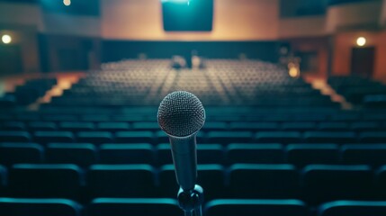 Poster - A microphone positioned on a lectern in a large conference hall, ready for a keynote speech, with rows of empty seats in the background.