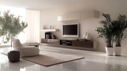 Poster - A modern living room featuring a minimalist design with a sleek entertainment center, potted plants, and a stylish area rug, creating a welcoming atmosphere.