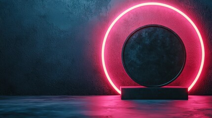 Poster - A modern, abstract display featuring a circular neon light and a solid circular object on a textured surface, creating a vibrant, futuristic aesthetic.