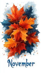 Wall Mural - Vibrant orange and red autumn maple leaves against a dark blue watercolor background with the word November.