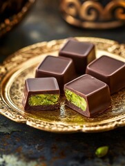 Aufkleber - Indulgent chocolate pieces with pistachio filling displayed on a golden plate decorated with intricate Arabic patterns. Generative AI