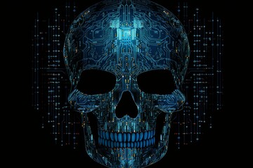 Poster - Electronic skull formed by circuits representing online dangers, malware, and cybercrime