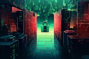 Poster - Green padlock securing futuristic cityscape in cyberspace, symbolizing data protection and cybersecurity