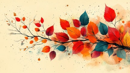 Wall Mural - Watercolor autumn branch with colorful leaves.