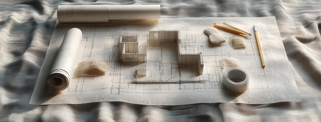 Aufkleber - Architectural Design Layout with Blueprint, Scale Models, and Drafting Tools on Table Surrounded by Soft Fabric, Ideal for Interior Design and Construction Projects
