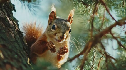 Wall Mural - cute squirrel on a tree branch, looking forward, with blurred background, cute fluffy tail