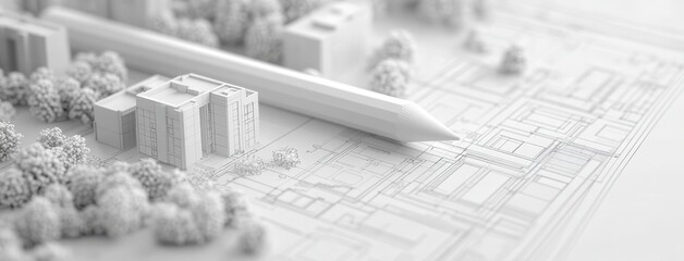 Poster - Architectural Model and Blueprint Scene Featuring Detailed City Layout with Trees and a Large Pencil Emphasizing the Creative Design Process in Urban Planning