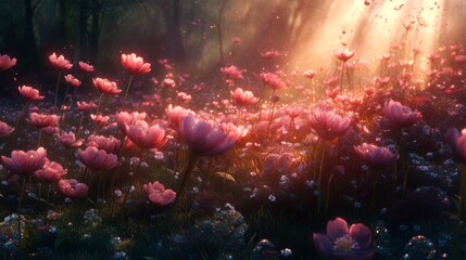 Poster - A picturesque scene of a flower field at dawn, with the sun rising and illuminating the dew-covered blossoms, creating a magical and ethereal atmosphere.