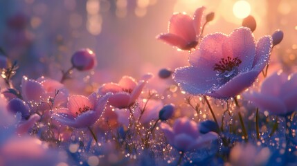 Poster - A picturesque scene of a flower field at dawn, with the sun rising and illuminating the dew-covered blossoms, creating a magical and ethereal atmosphere.