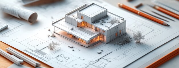 Poster - Architectural Model Displayed on Blueprints with Drafting Tools, Showcasing Modern Design and Precision in Building Concepts