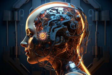 Poster - Futuristic female cyborg revealing intricate internal mechanisms, symbolizing advanced artificial intelligence and technological singularity