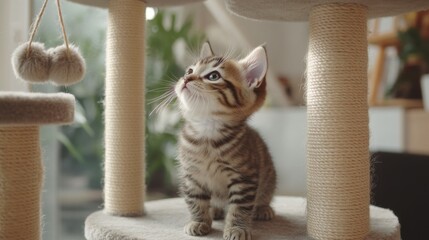 Poster - A playful scene of a kitten exploring a multi-level cat house, filled with scratching posts and hanging toys, capturing the curiosity and energy of young cats.
