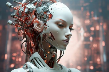 Poster - Highly detailed portrait of a female cyborg with intricate wiring and glowing components, set against a blurred backdrop of a futuristic server room