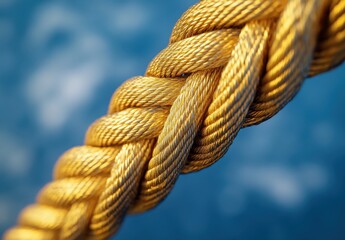 Poster - Close-up of a braided golden rope highlighting the intricate texture and shine, set against a blurred blue background, conveying strength and elegance in design
