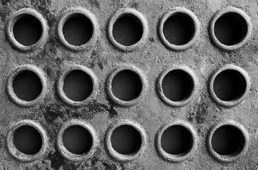 Poster - Close-Up Detailed View of Weathered Metal Grate with Circular Holes, Textured Surface, and Industrial Aesthetic Suitable for Use in Various Design Projects