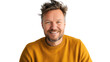© Subin - A cheerful man with a stylish haircut poses confidently in a cozy orange sweater, radiating positivity and approachability in a simple portrait.