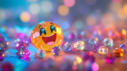 Wall Mural - Mischievous emoji popping out of a sparkling gems isolated on a colorful background
