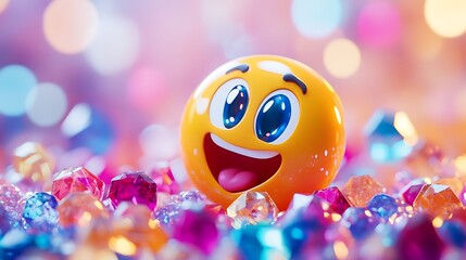Wall Mural - Mischievous emoji popping out of a sparkling gems isolated on a colorful background