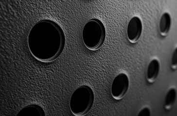 Poster - Close-Up View of Textured Black Surface with Circular Holes Illustrating Modern Design and Industrial Aesthetics for Creative Background Usage