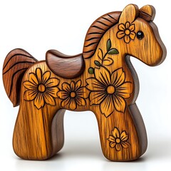 A beautifully handcrafted wooden carousel horse stands prominently against a pure white background. The intricate detailing on the horse’s mane and saddle showcases the artisan's skill, while 