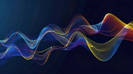 Leinwandbilder - Vibrant abstract wave patterns in colorful blue, yellow, and red lines create dynamic visual effect, representing sound and digital energy flow.